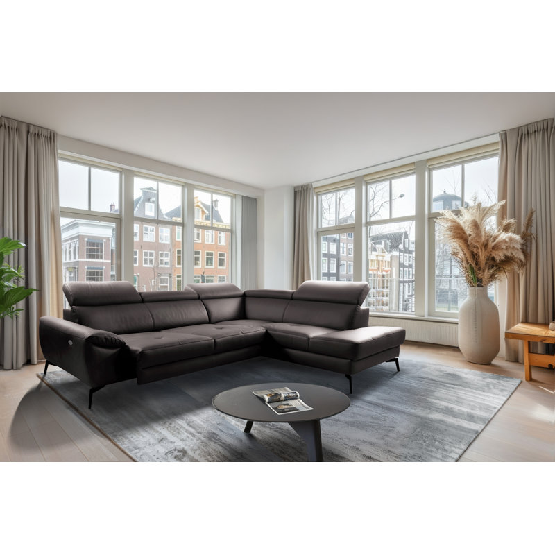 Alvoro Genuine Leather Corner Sofa with Electric Seat Extension & Adjustable Headrests, Right Hand Facing, Brown