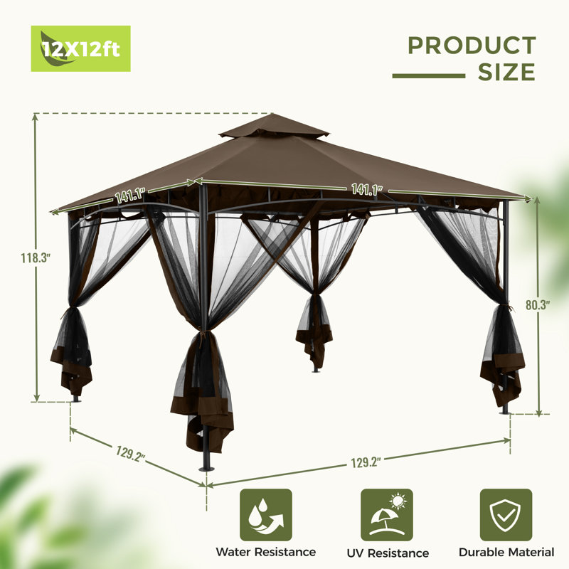 Double Roof Soft Top Metal Patio Gazebo With Netting, 118.3" H x 141.1" W x 141.1" D, Brown