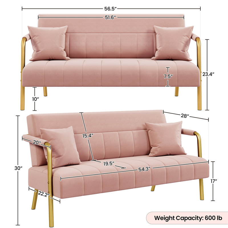 Maddison 56.5'' Velvet Loveseat Sofa with Two Pillows, Pink