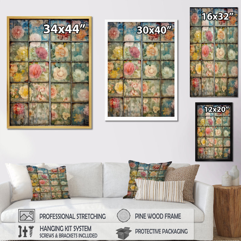 Élégant collage rétro de roses en fleurs, H 44 po x l 34 po x P 1,5 po, Cadre doré à une seule photo