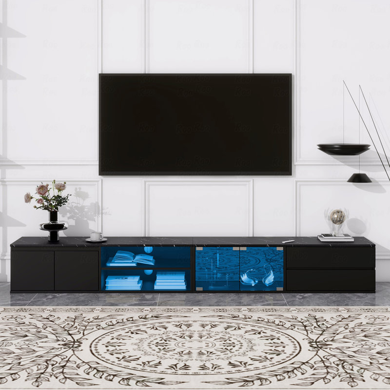 Meuble télé moderne à DEL pour téléviseur de 105 po ou moins avec portes en verre trempé, Black