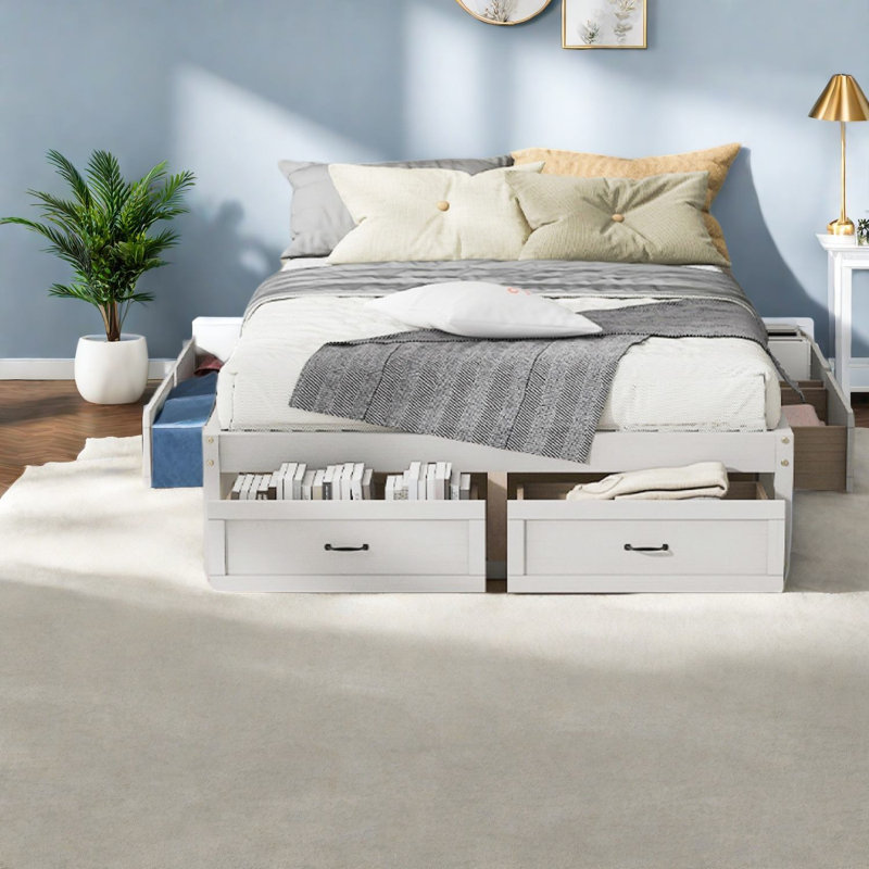 Lit plateforme spacieux et spacieux avec rangement, structure en MDF, blanc antique