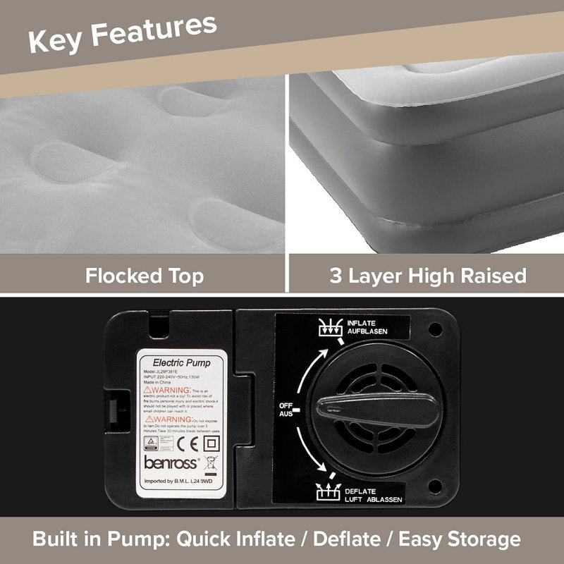 High Raised Airbed + Built in Pump, Queen, Grey