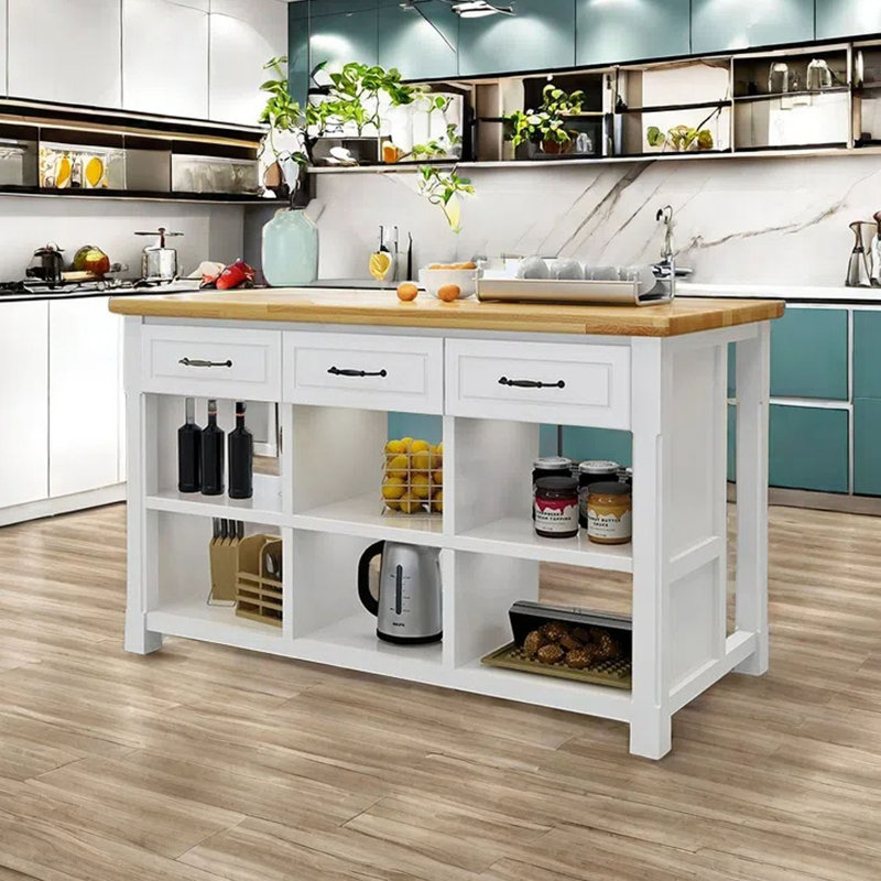 62.99" Solid Wood Kitchen Island, White