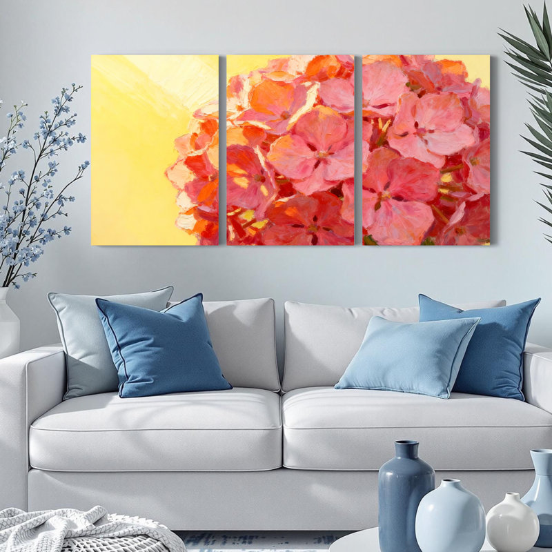 Rose, hortensia floral, reproduction d'art sur toile tendue sur toile, ensemble de 3, H 36 po x l 72 po