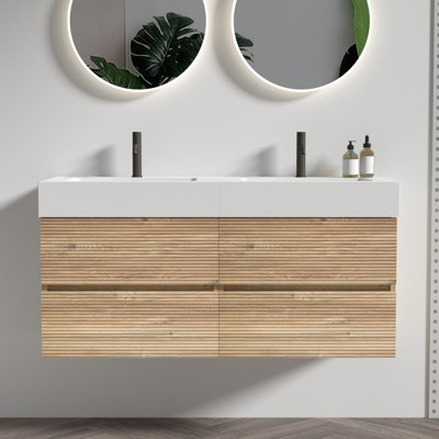 Meuble-lavabo mural de 48 po de dimension Mid-Century, lavabo une pièce, poignée dissimulée, laque E0 pour une protection accrue et meuble-lavabo résistant à l'eau avec lavabo à quartz blanc, flottant,