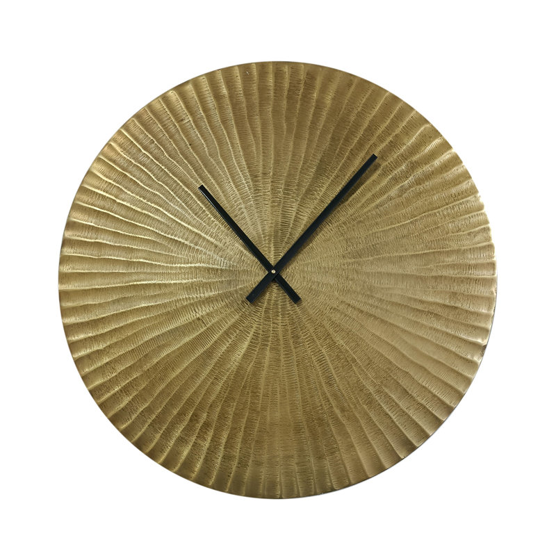 Large Antique Brass Sunburst Textured Metal Wall Clock