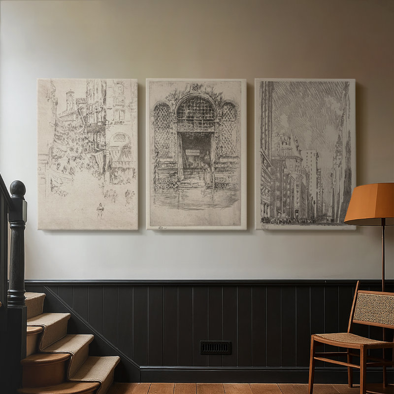 Croquis rétro Lxxx - Toile tendue sur mesure - 3 pièces, H 18 po x l 36 po