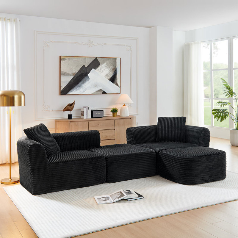 Canapé modulaire 114 po avec méridienne en L Cloud, Velours côtelé noir