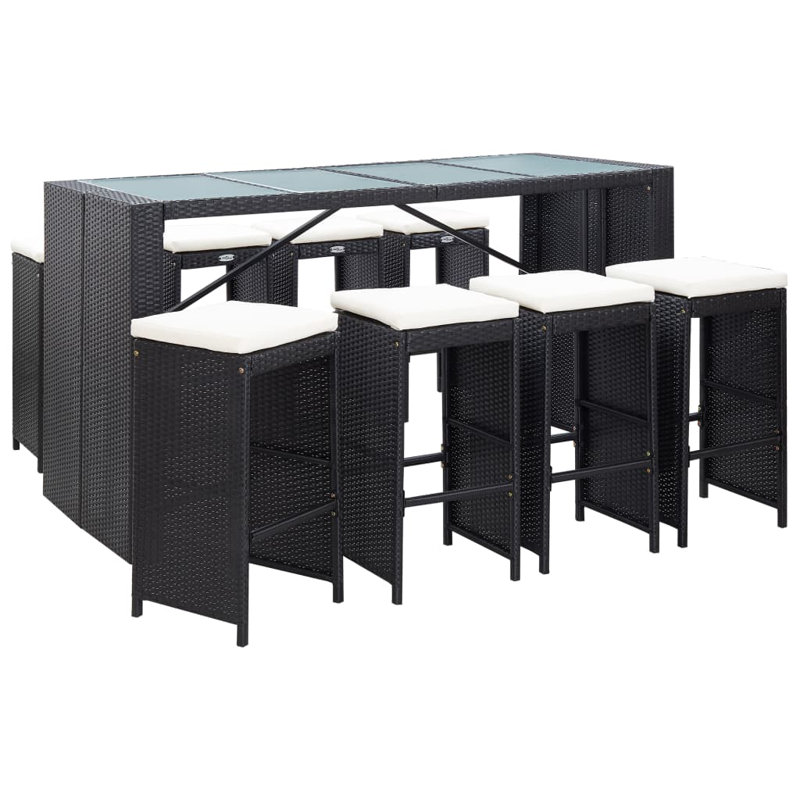 Patio Bar Set Outdoor Bar Table and Stools Poly Rattan and Glass Black