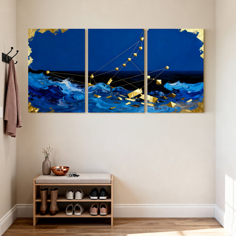 Ensemble de 3 impressions sur toile Blue Ocean Waves avec accents dorés, H 18 po x l 36 po