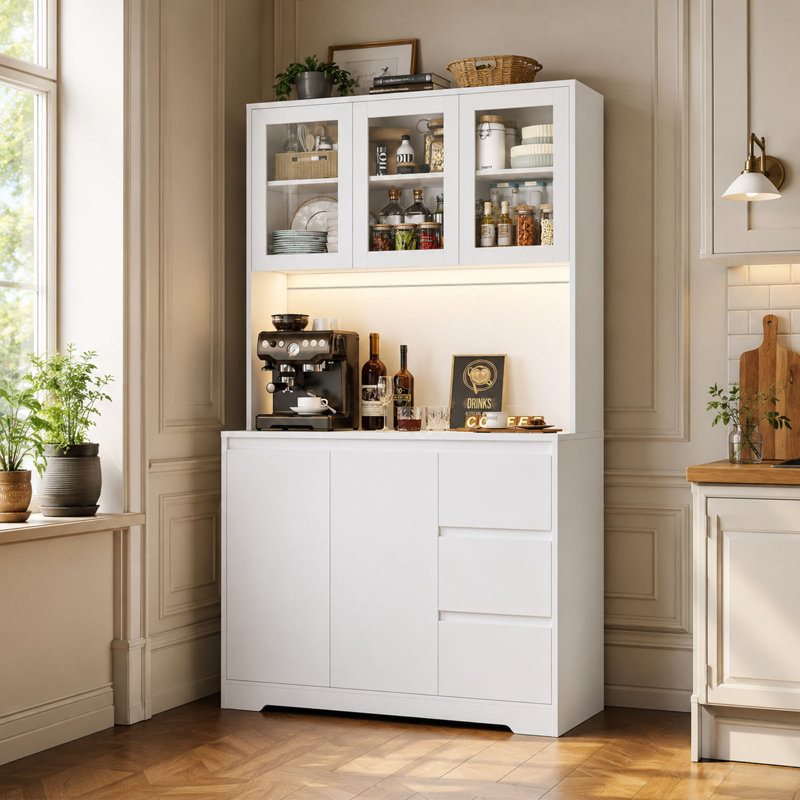 180cm Kitchen Pantry Kitchen Cupboard With LED & Shelves & Drawers & Countertop, White