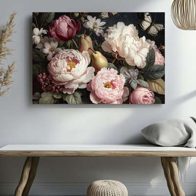 Art mural sur toile baroque floral nature morte avec pivoines et roses avec clair-obscur prêt à accrocher