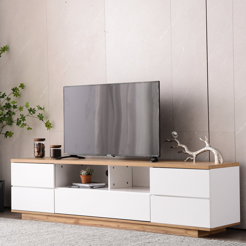 Meuble télé moderne pour téléviseur de 80 po ou moins, centre de divertissement multifonctionnel avec dispositif de rebond de porte