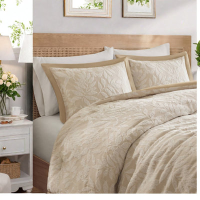 Ensemble de literie pour grand lit 3 pièces Modern, édredon en jacquard botanique beige