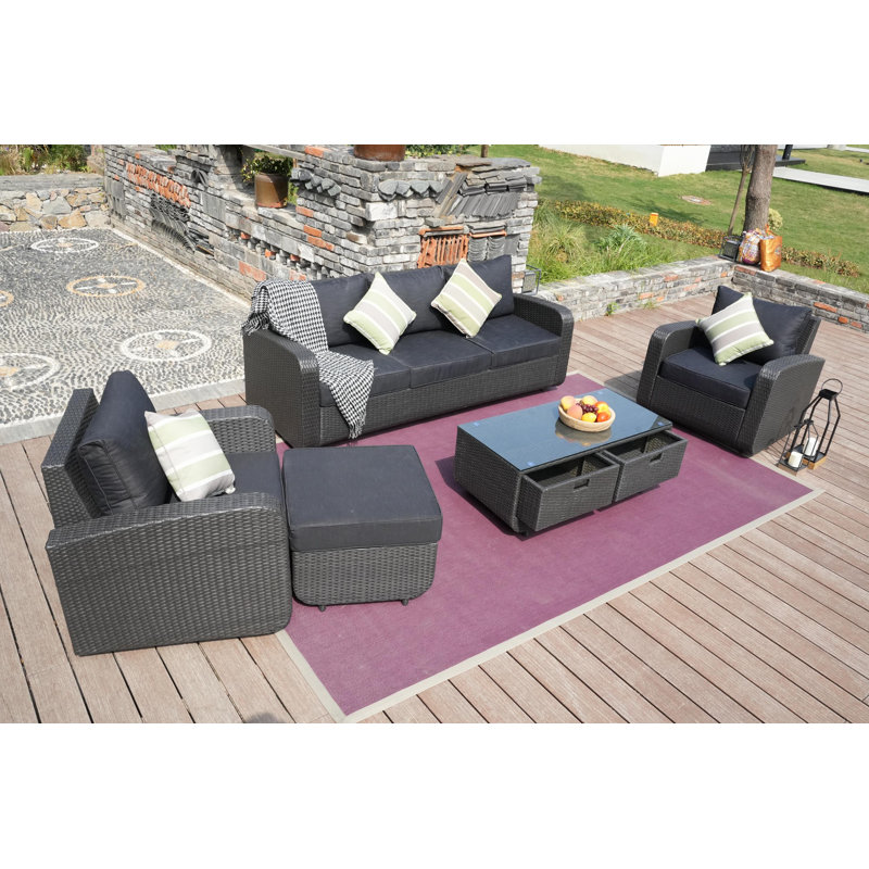 Wicker 6 - Person Patio Conversation Set with Cushions, Black, Black