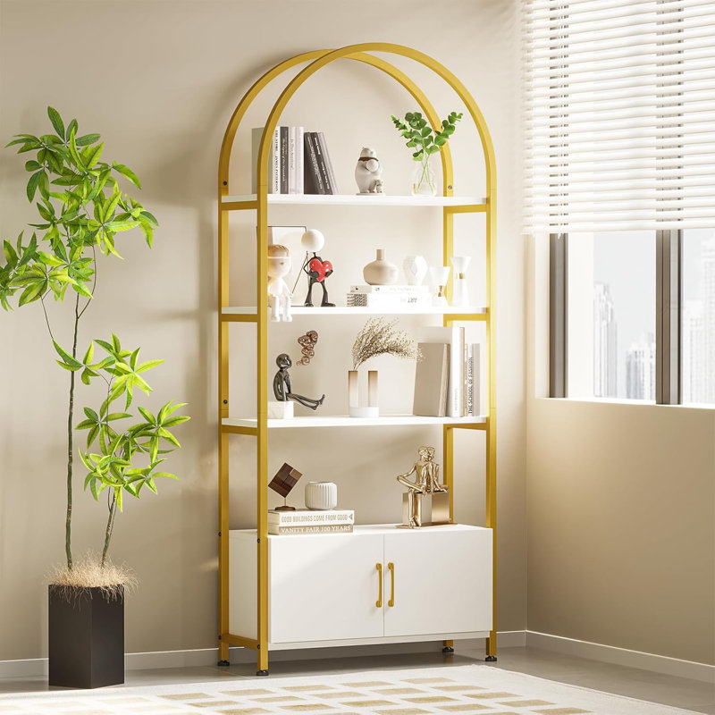 Arched Bookshelf, Bookcase With Doors Storage, Gold
