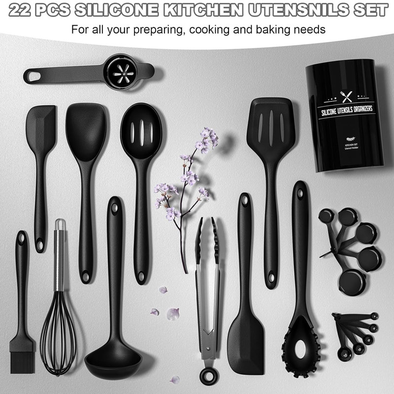 Ensemble 22 pièces d'ustensiles de cuisine en silicone, noir, noir