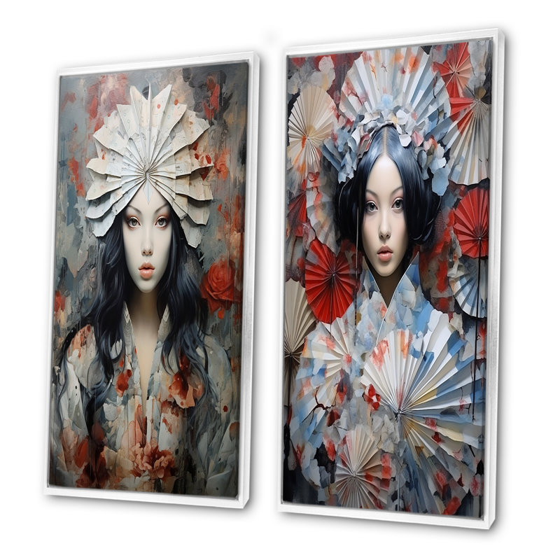 Papillon blanc asiatique Glam Woman I - ensemble de 2 décorations murales femme asiatique, Cadre flottant blanc
