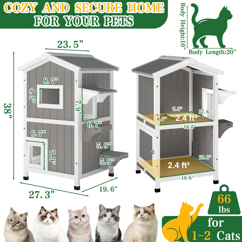 Maison pour chat pour chats d'extérieur, abri pour chat en bois à 2 étages résistant aux intempéries avec 2 chambres, poste d'alimentation, porte de secours, plancher coulissant et toit en asphalte ouvert, gris