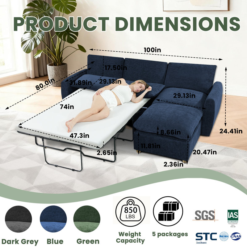Canapé modulaire de 100 po, canapé en L avec canapé-lit, repose-pieds mobile, canapé en chenille confortable, Bleu