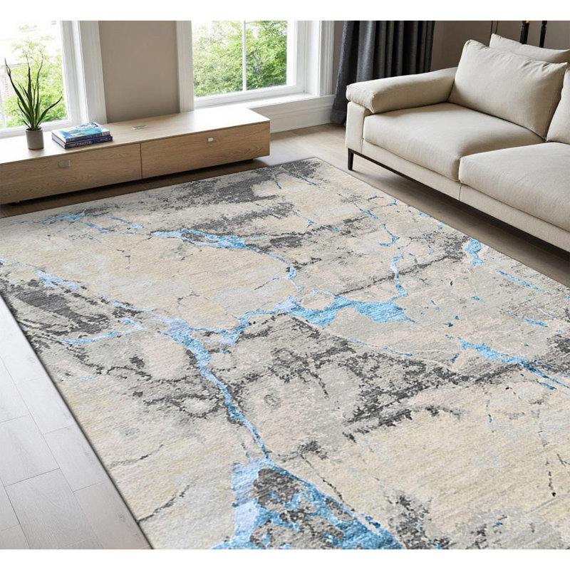 Tapis gris anthracite et bleu sarcelle noué à la main de haute qualité, Rectangulaire 8 pi x 10 pi