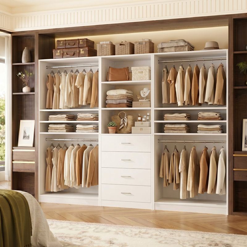 Système d'organisation 117,8 po avec tiroirs en bois, range-chaussures et tringles suspendues Welles, Blanc