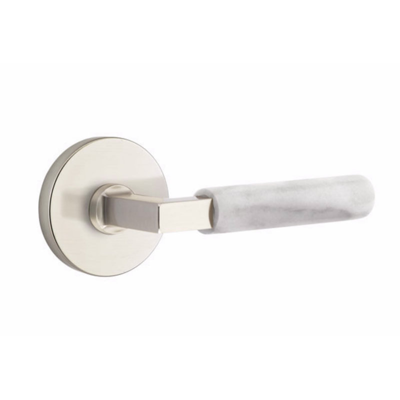 Ensemble de leviers d'intimité Emtek Select, rosette à disque, tige carrée en L, poignée en marbre blanc, gauche, Droite