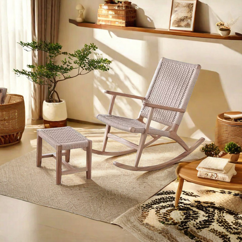 Chaise berçante simple en bois massif, Brun / blanc cassé