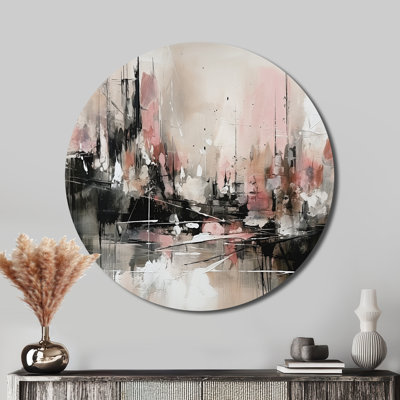 Pink Black Minimalims Fludity I - Abstract Round Metal Art