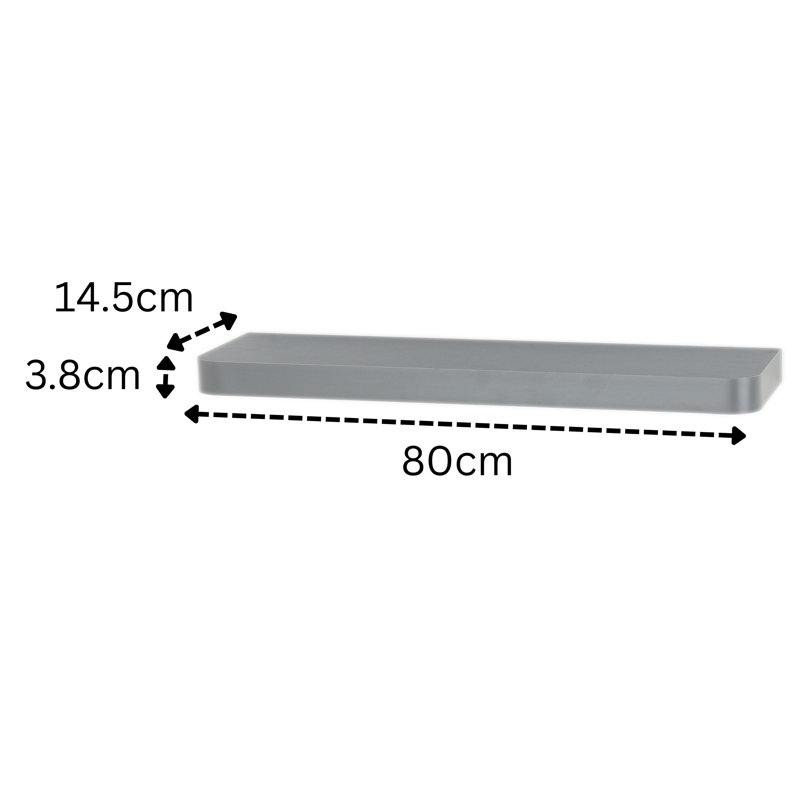 Floating Narrow Wall Shelf, Rounded Front Corners, Foiled Finish, 3.8 cm H x 80 cm W x 14.5 cm D, Grey