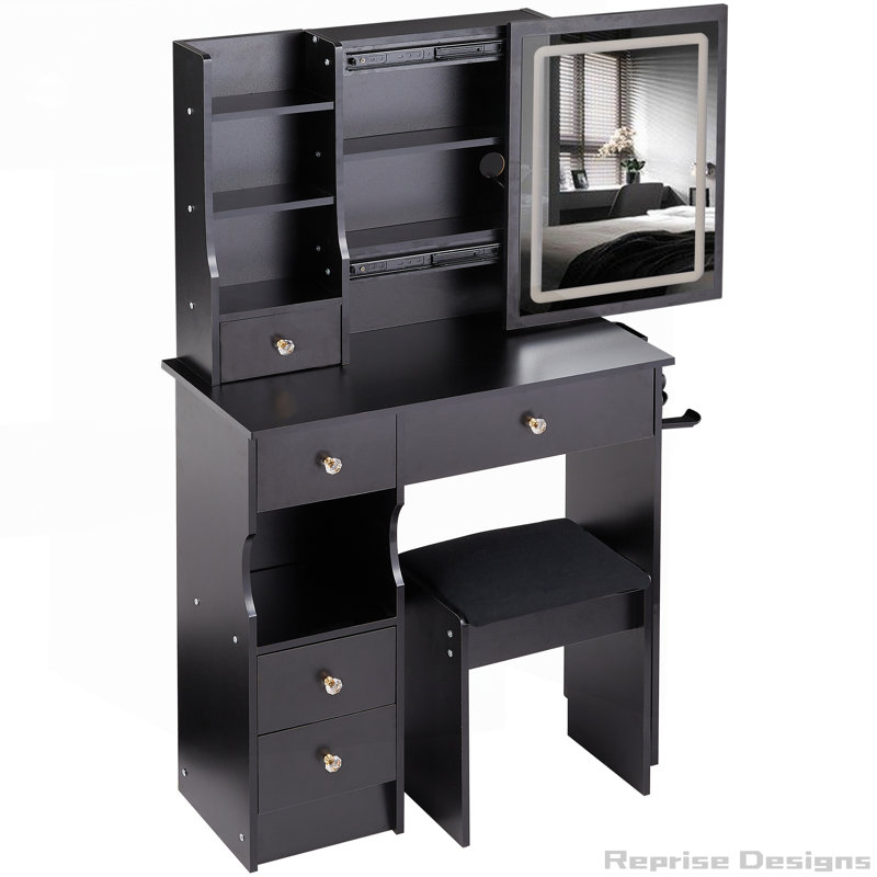 29.2" Small Size Left Drawer Desktop Vanity Table with Cushioned Stool and Power Station,Sliding LED Mirror, Black