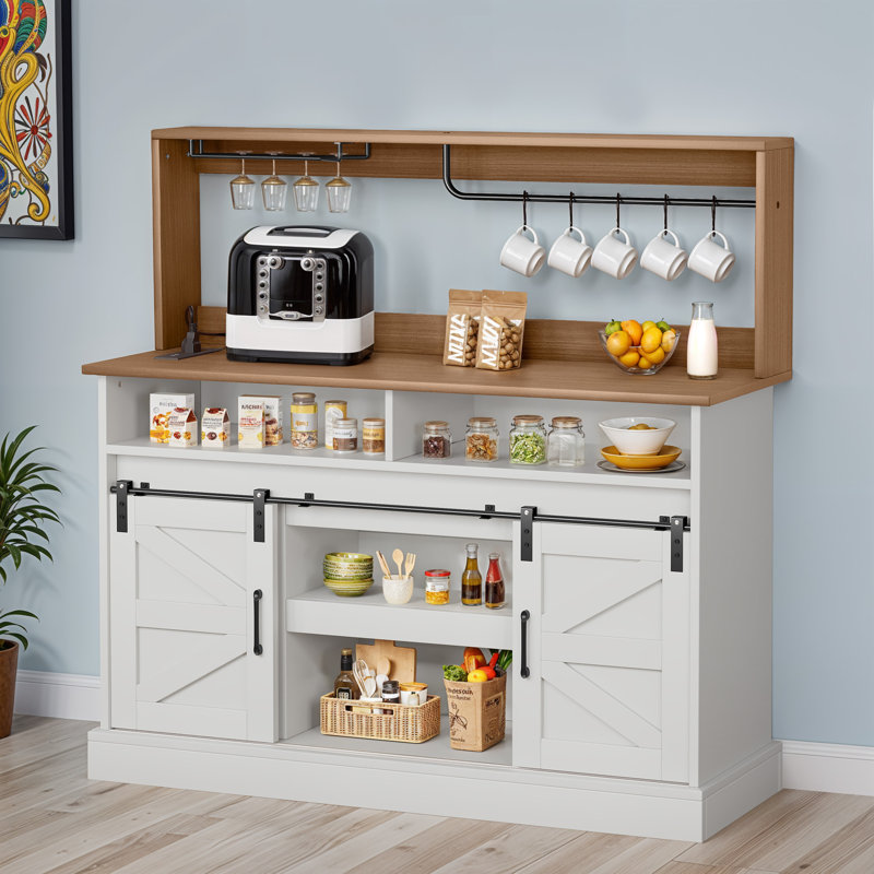 Piter 51.9'' Farmhouse Bar Cabinet, Sideboard Buffet, Coffee Bar Cabinet with Stemware Rack and Mug Hooks, Brown/White