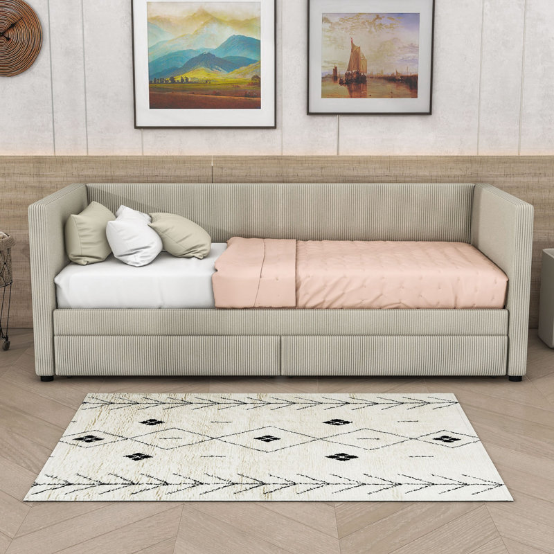 Deymar Upholstered Daybed with Two Drawers, Beige
