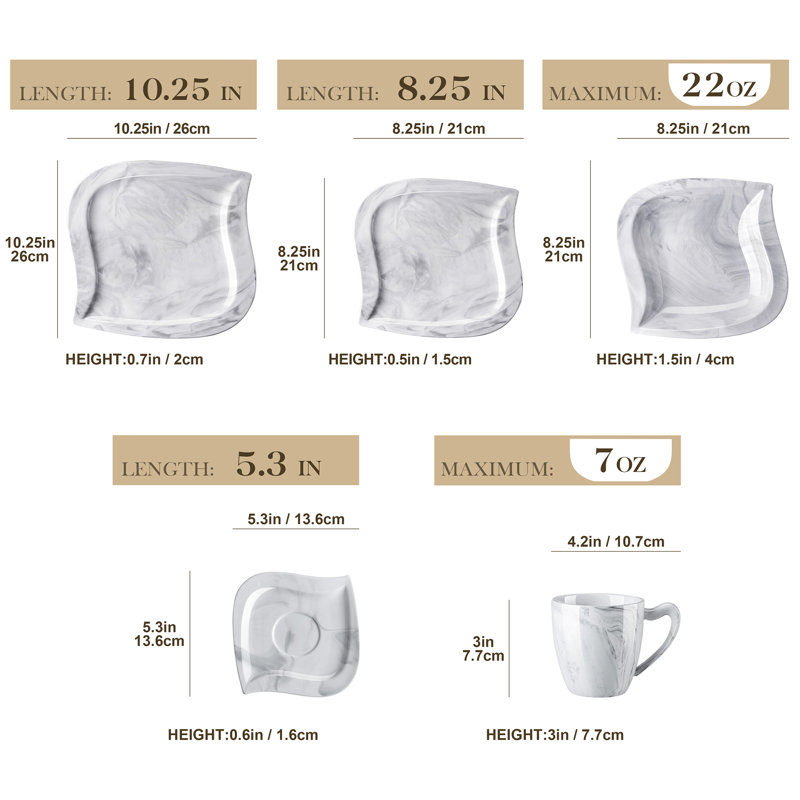Elvira Piece Ceramic Dinnerware Set - Service for 6, Marble Gray
