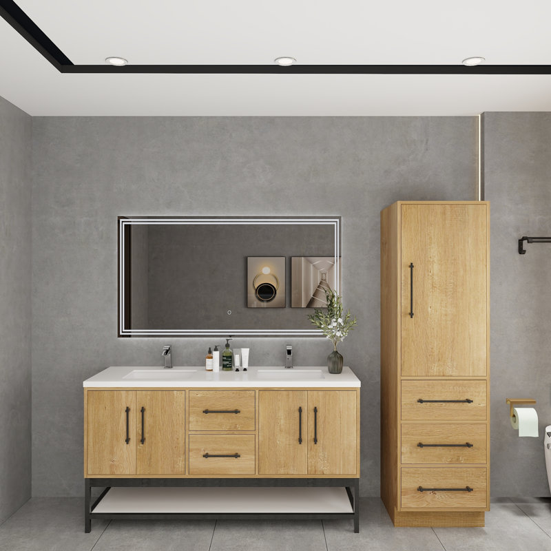 Victoria 60'' Wall-Mounted Vanity with Double Reinforced Acrylic Sink & Rack, Oak