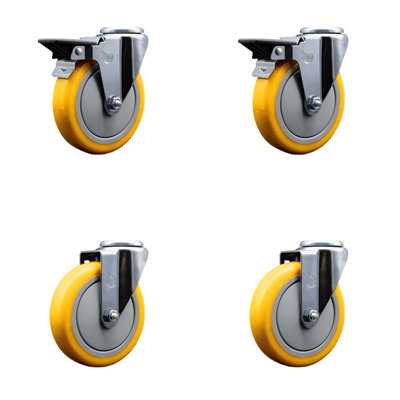 5 Inch Yellow Poly Wheel Swivel Bolt Hole Caster Set with 2 Posi Lock Brakes SCC