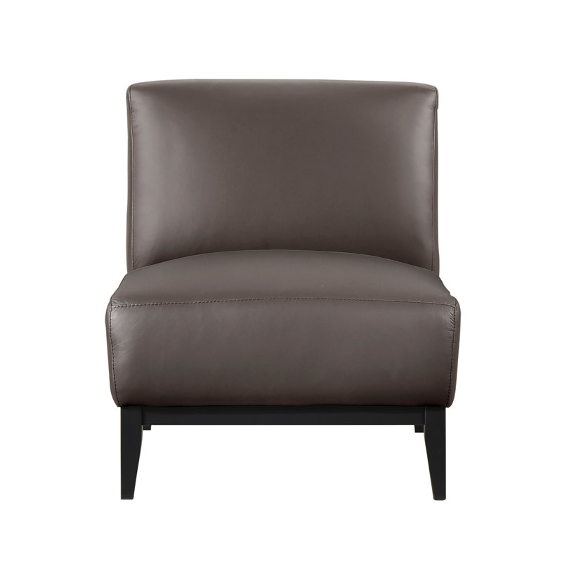 Chaise d'appoint rembourrée en cuir avec dossier brun et dossier en bois massif, Cuir fleur brun