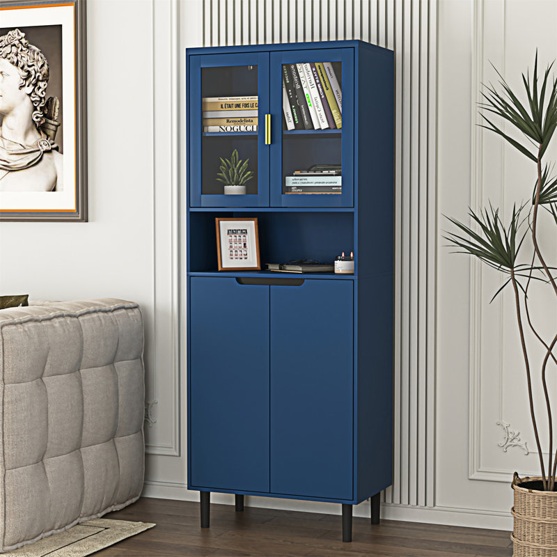 Tall Blue Lockable Bathroom Storage Cabinet with Glass Doors