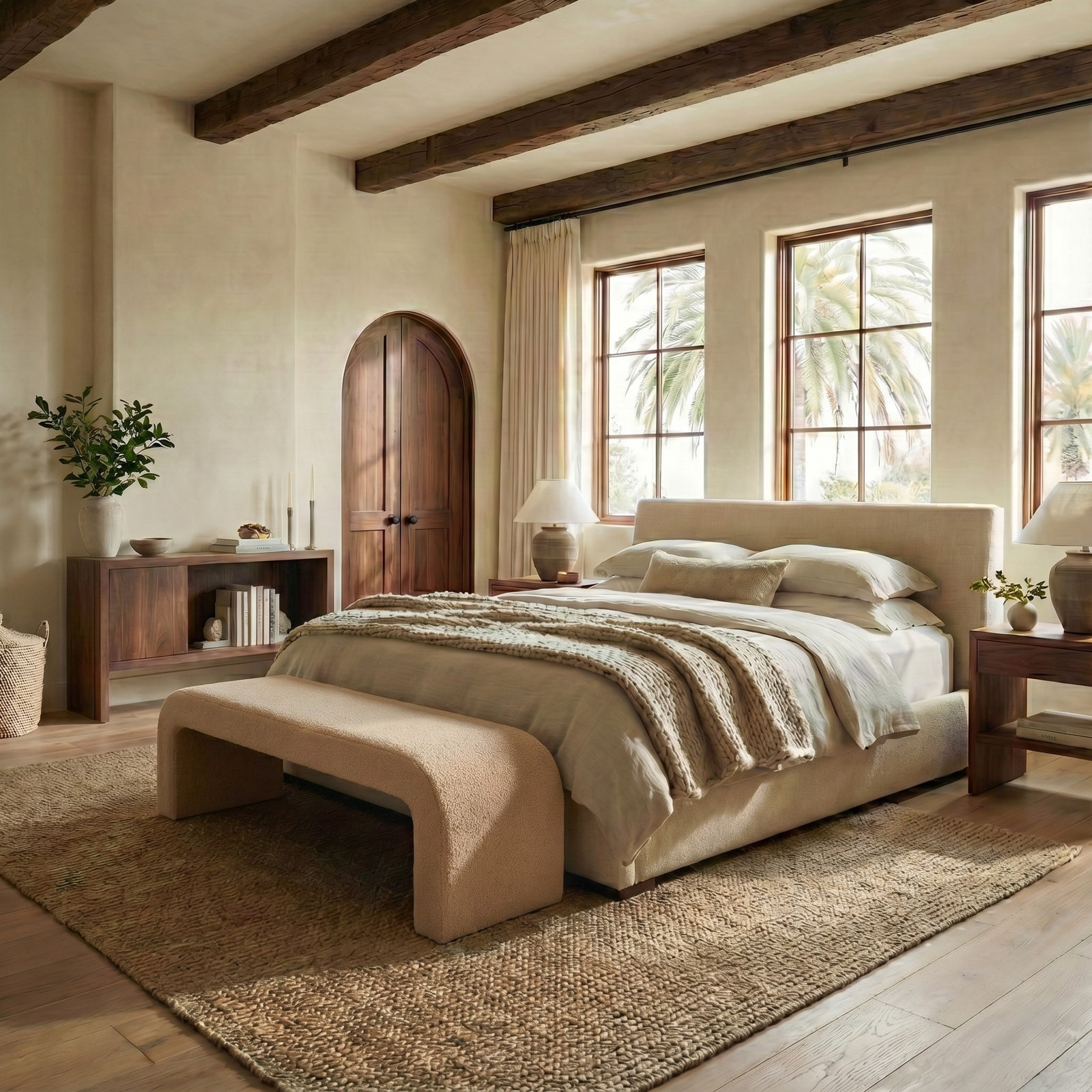 Daine 62" Linen Bedroom Bench, Tan Faux Lambs Wool