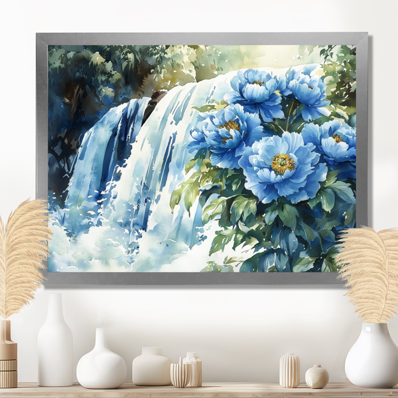 Irelan pivoines par la cascade III - pivoines, art mural, Reproduction encadrée d'une seule photo, Argent argent