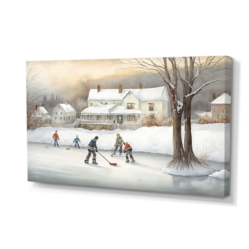 Enfants jouant au hockey en hiver III - art mural moderne sur toile