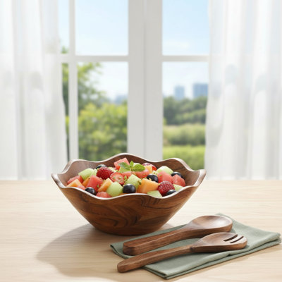 Ensemble de 3 assiettes à salade en bois - bol de 12 pouces en forme d'éventail avec cuillère en bois. Naturel et rustique, idéal pour les repas, les réceptions et les cadeaux.