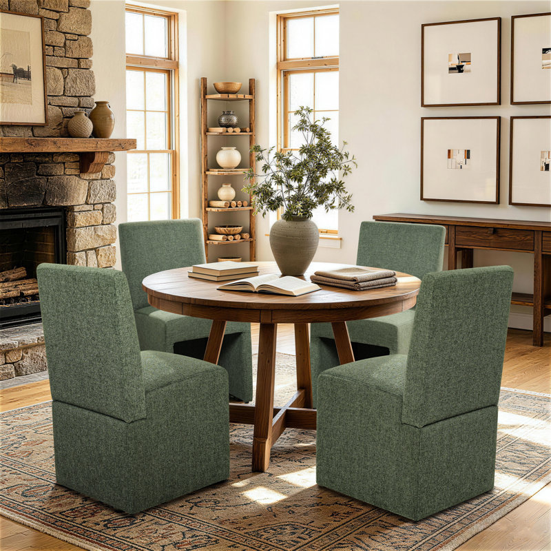 Luxe Upholstered Modern Fabric Green Dining Chairs With High Back Support & Extra Wide Seat, Green