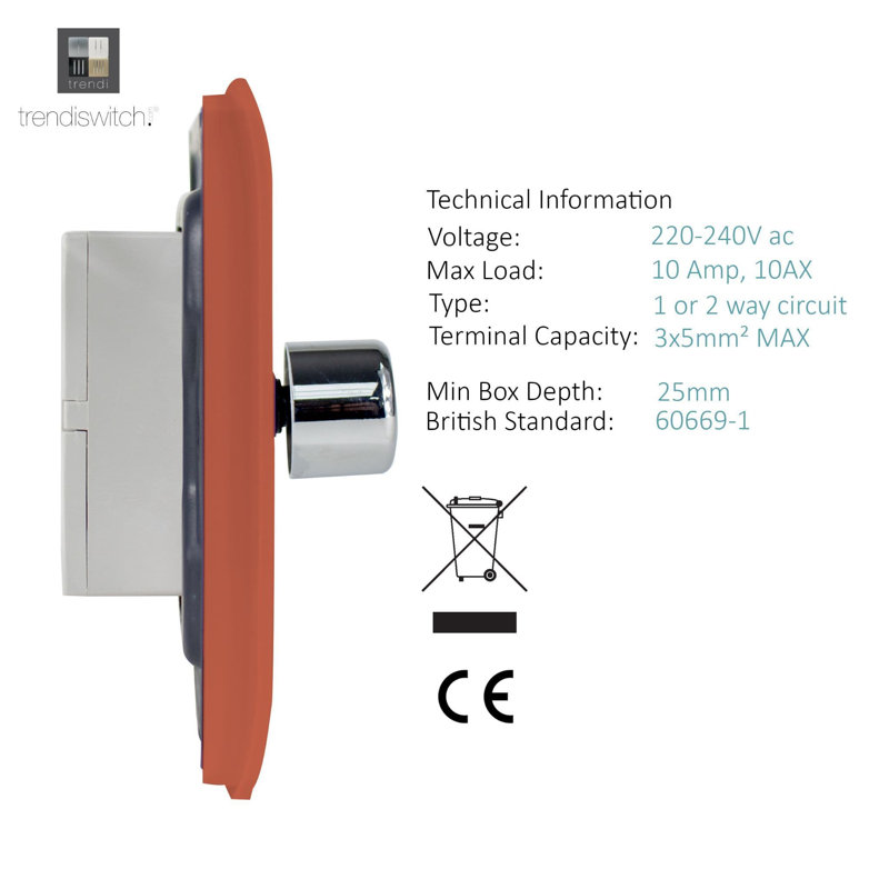 Trendi Switch 1 Gang 1 or 2 way 100w Rotary LED Dimmer Light Switch, Copper
