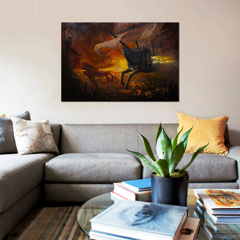 « espagnol galleons on fire », reproduction d’impression sur toile, H 18 po x l 26 po x P 1,5 po, Toile avec cadre noir