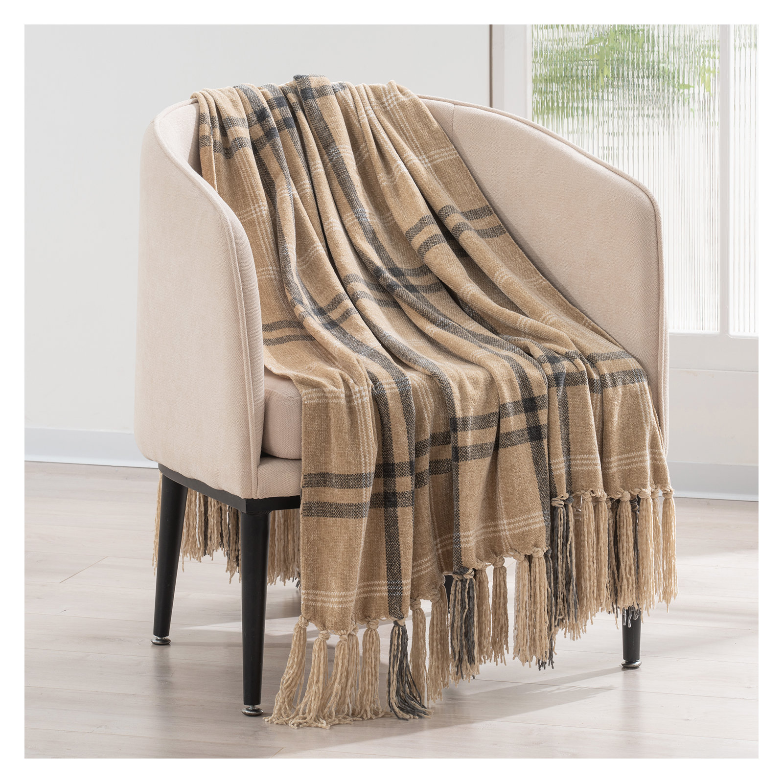 60" L x 50" W, Khaki/Gray Plaid