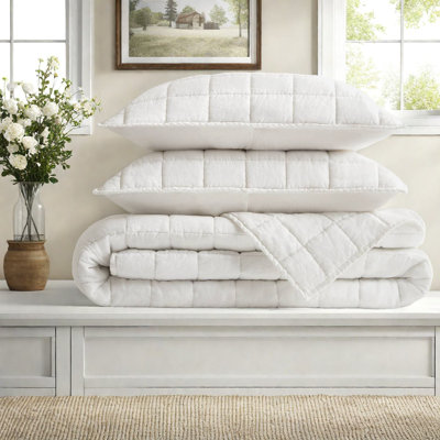 Premium 3-piece Linen Bedding Set, French Linen Quilt & Shams, White, All-season Comfort