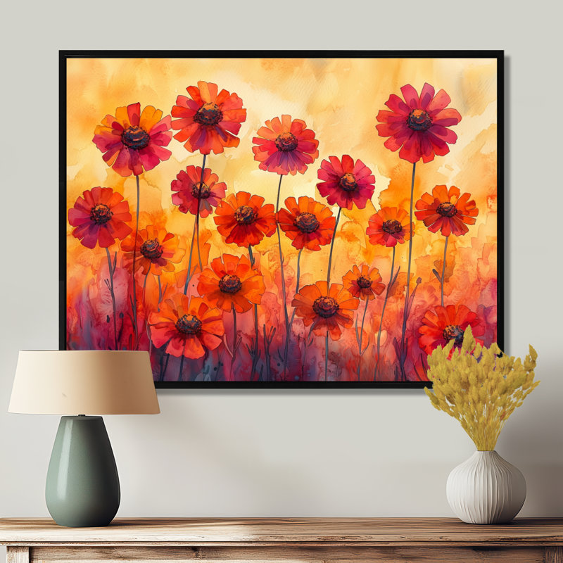 Art mural «Mersepress - Zinnias», H 16 po x l 32 po, Impression encadrée flottante, Noir, noir, noir, noir