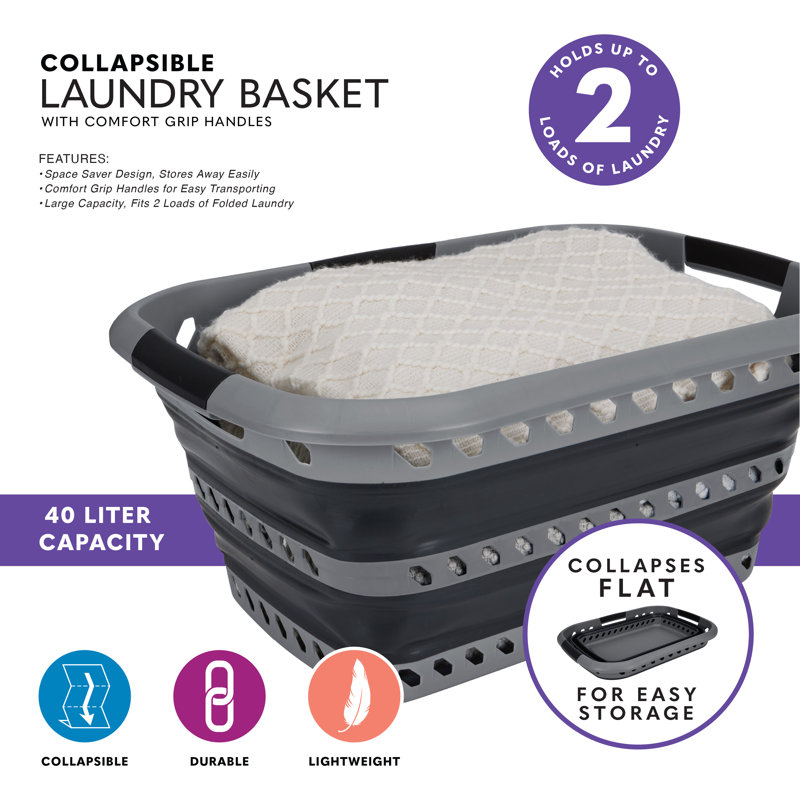  Collapsible Laundry Basket in Grey/Black, Gray